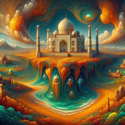 The primary subject of the image is a large, intricately designed building, possibly a palace or a temple, with a tall tower and a dome. The building is situated on top of a hill, surrounded by a lush green landscape. The visual style of the image is a combination of digital art and illustration, creating a vibrant and detailed scene. The colors and mood of the image are warm and inviting, with the rich greenery and the golden hues of the building creating a sense of grandeur and beauty
